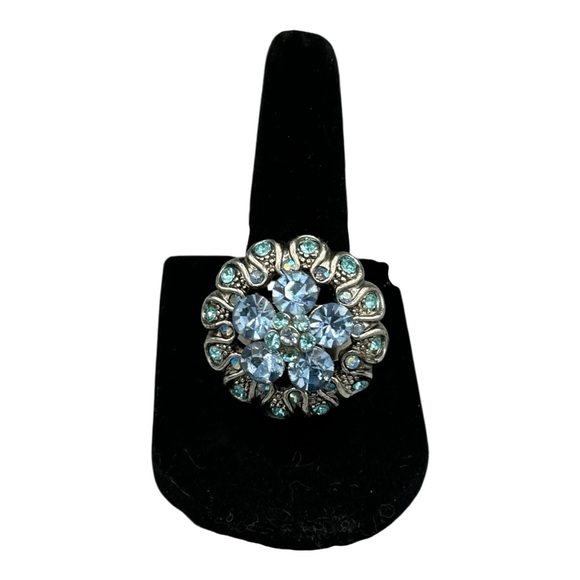 Jewelry - Blue Rhinestone Statement Ring Adjustable Silver Tone Cocktail Style